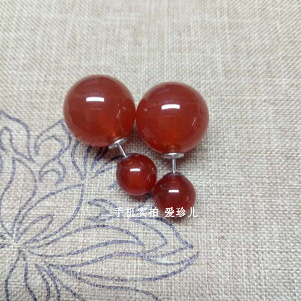 天然玛瑙双珠耳钉大小前后双颗珠S925纯银耳饰耳堵可拆分多用