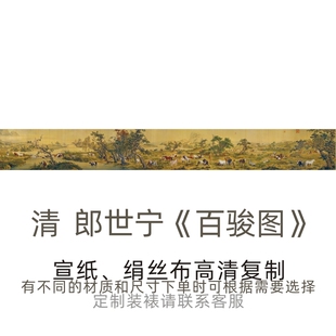 清-郎世宁《百骏图》长卷横幅国画画芯高清真迹微喷仿古画复制