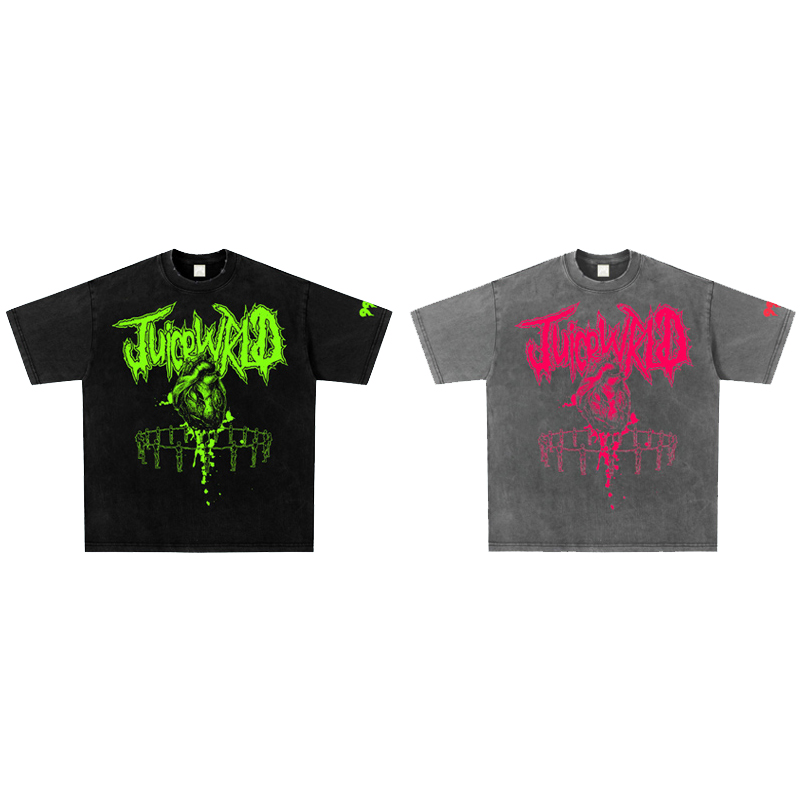 Juice WRLD心脏水洗做旧破坏百搭复古短袖T恤