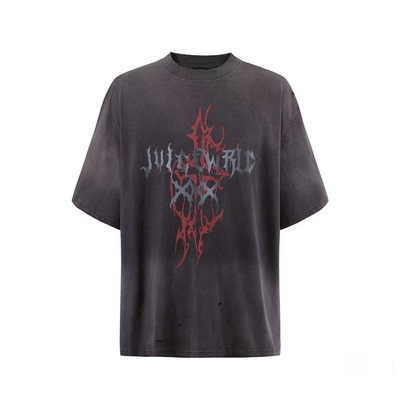 Juice WRLD洗水做旧破坏荆棘镰刀印花短袖T恤