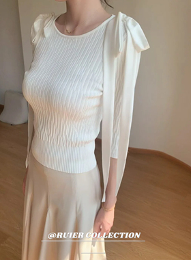 Nana纯情芭蕾~蝴蝶结针织中袖上衣新款法式复古蝴蝶结系带针织衫