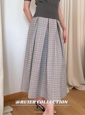 RUIER 剑桥优等生经典灰色系人棉麻料半身裙捏褶伞裙长裙