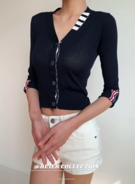 RUIER-2025秋冬新款学院风四条纹V领休闲纯棉针织女毛衣开衫外套