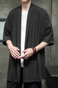 2023夏季新风冰丝棉麻短袖微皱风格男士开衫披肩外套D854P65图片
