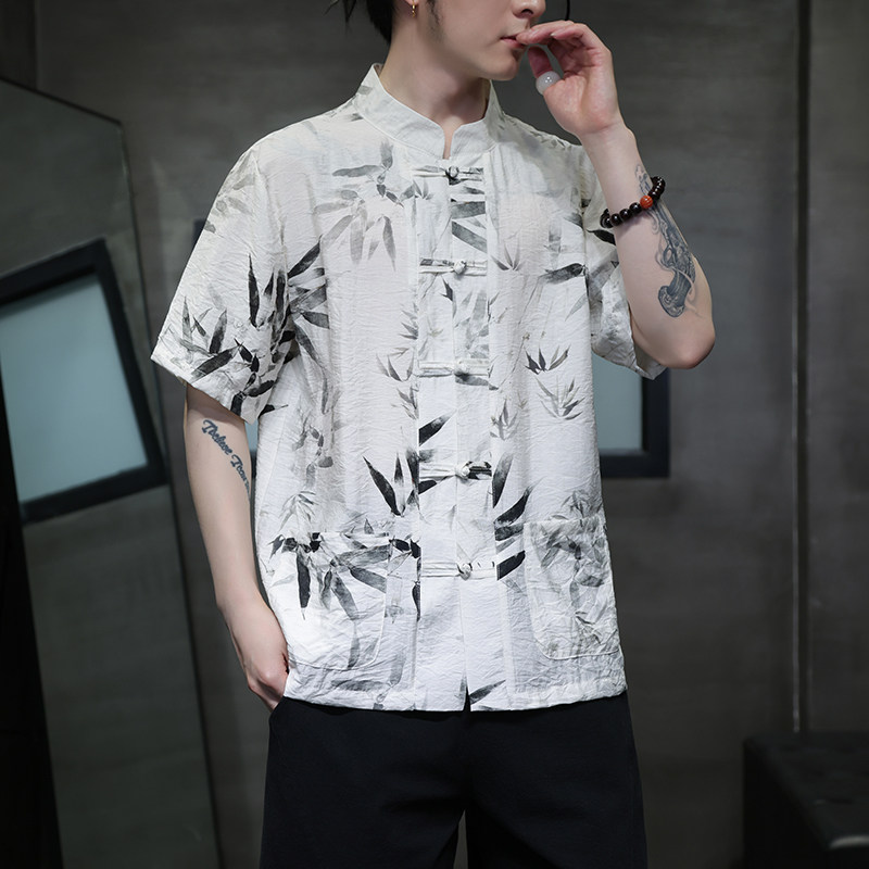 新中式男装风唐装夏季冰丝短袖衬衫复古盘扣半袖衬衣D913P65,男装民族服装,星座312B-2