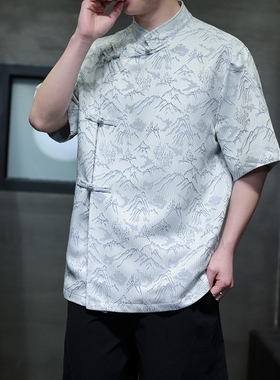 2025新款中国风盘扣山卉提花新中式短袖男衬衫D964P65