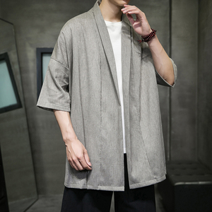 2023夏季新款冰丝风棉麻面料短袖男士开衫披肩外套D853P70图片