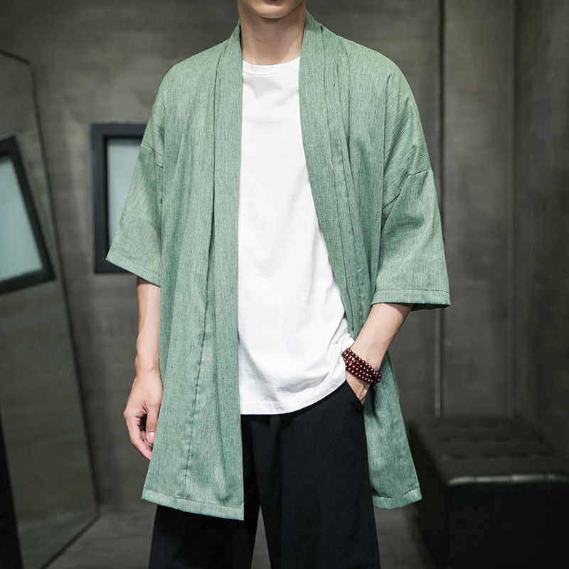 2023夏季新款冰丝风棉麻面料短袖男士开衫披肩外套D853P70图片