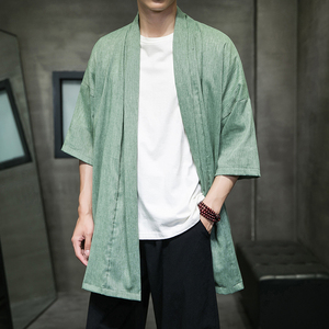 2023夏季新款冰丝风棉麻面料短袖男士开衫披肩外套D853P70图片