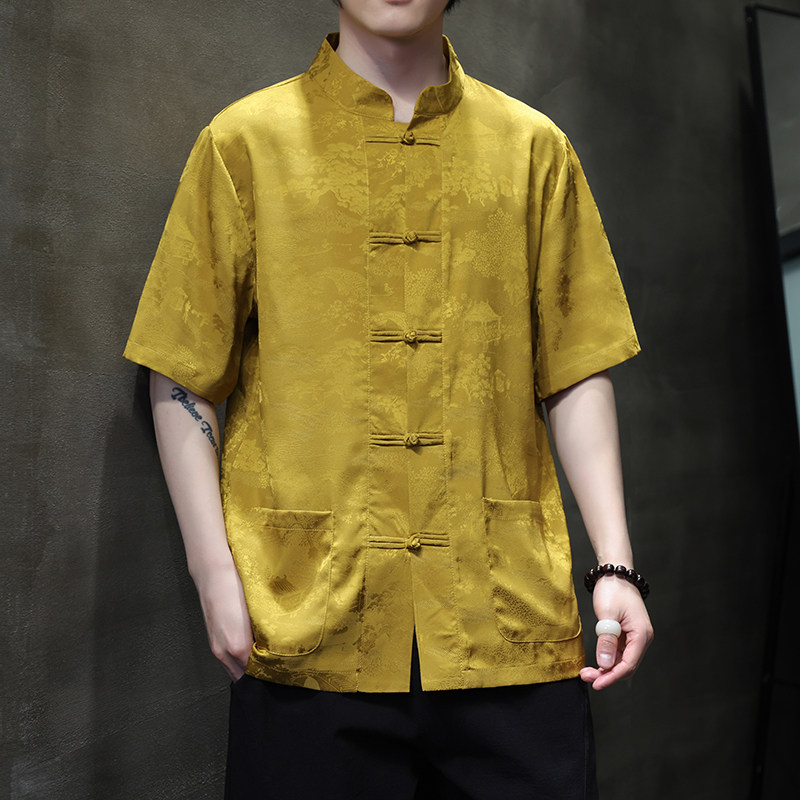 男提花夏季盘扣宽松衬衫新中式风短袖暗纹休闲上衣D916P65,男装民族服装,星座312B-2