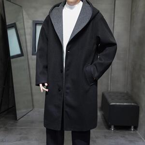 2025冬季新款风连帽中长款呢大衣男士拼色外套D907P155图片