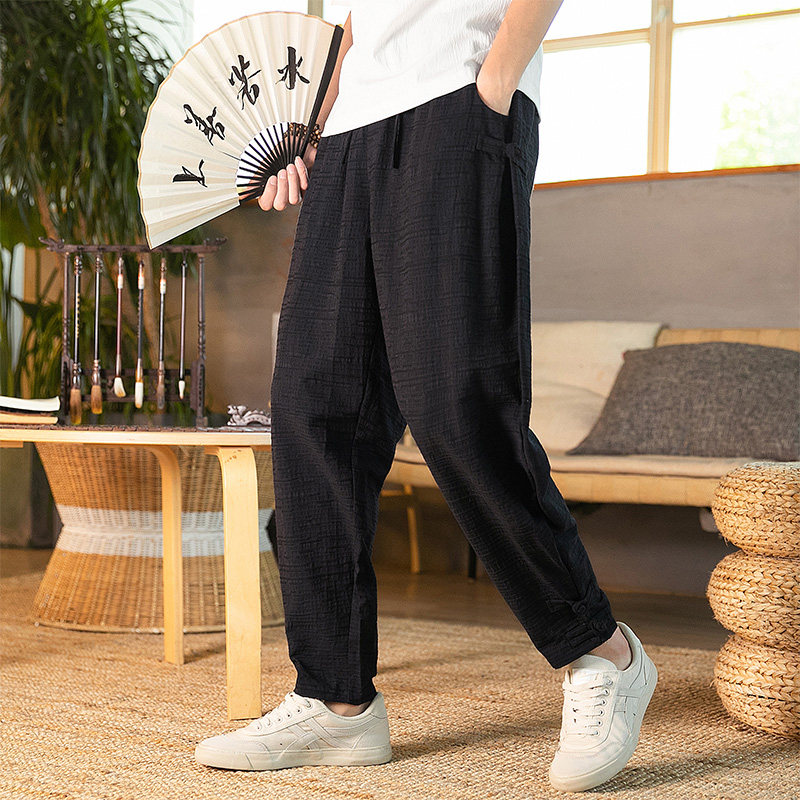 大码中国风男裤2021年夏季长裤束脚亚麻暗花纹盘扣休闲裤D633P75,男装休闲裤,星座312B-2
