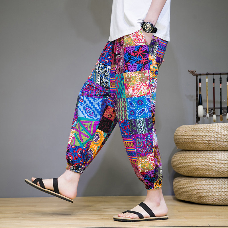 2023夏风男装花色宽松棉麻哈伦裤休闲裤D757P45，男装休闲裤，星座312B-2
