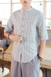 夏风短袖条纹衬衫男士棉麻唐装中式复古盘扣立领衬衣D541P50，男装衬衫，星座312B-2