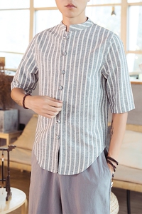 夏风短袖条纹衬衫男士棉麻唐装中式复古盘扣立领衬衣D541P50图片