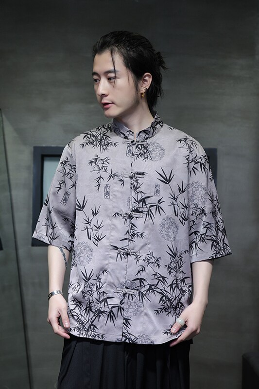 新中式冰丝衬衫男款夏季凉感速干短袖衬衣风盘扣唐装D924P70,男装民族服装,星座312B-2