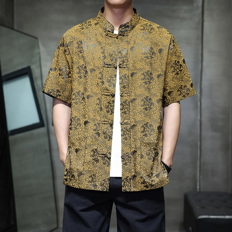 2025新款新中式风几何提花冰丝短袖男衬衫D1101P65,男装衬衫,星座312B-2