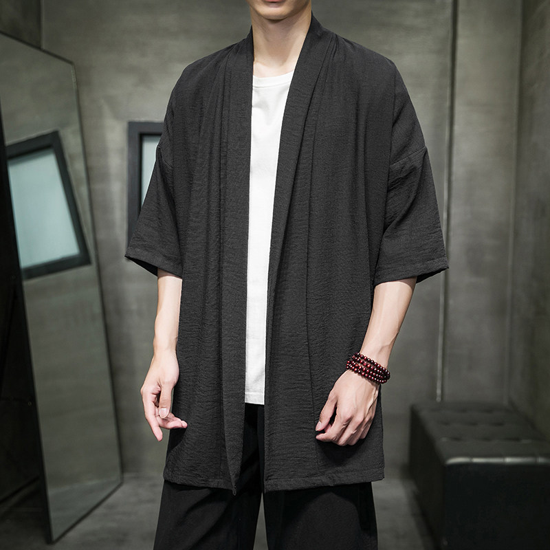 2023夏季新风冰丝棉麻短袖微皱风格男士开衫披肩外套D854P65图片