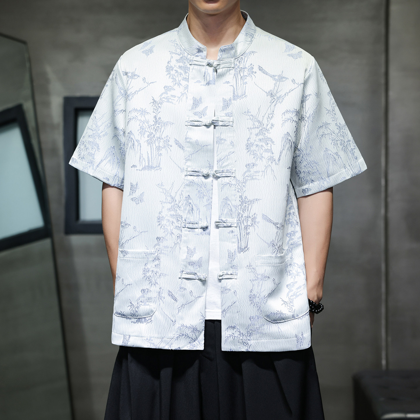2026夏季新款中国风男款提花盘扣短袖衬衫D1003P65