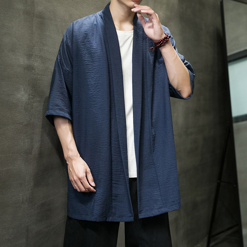 2023夏季新风冰丝棉麻短袖微皱风格男士开衫披肩外套D854P65,男装民族服装,星座312B-2