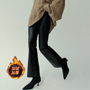 【女王驾到】时髦感加绒皮裤女 秋冬哑光皮裤显瘦修身喇叭裤不紧