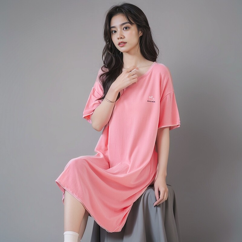 韩彩带胸垫莫代尔短袖睡裙女士