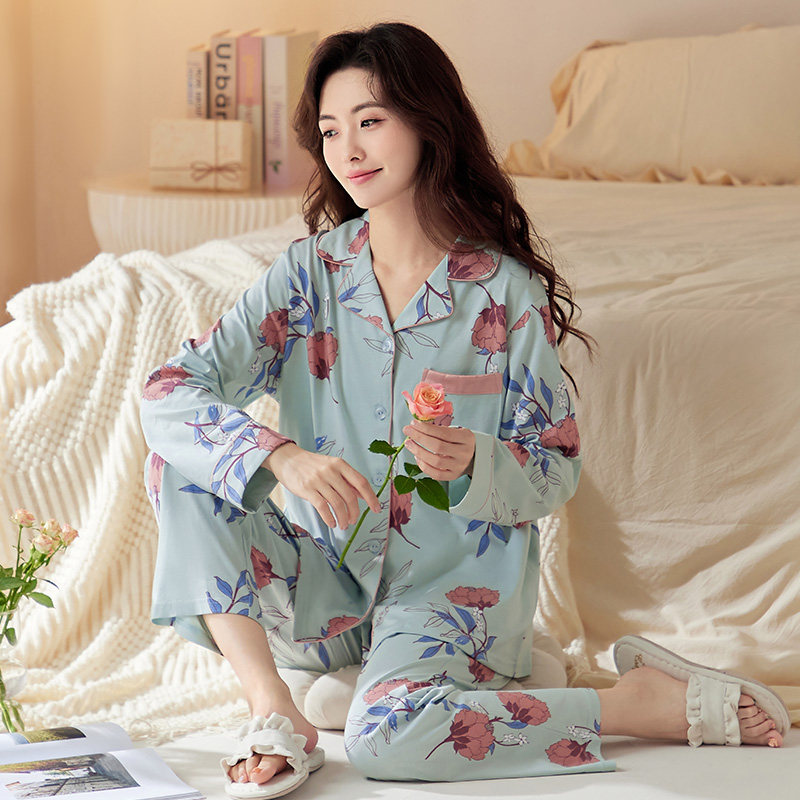 韩彩睡衣女士春秋季纯棉长袖长裤家居服薄款秋季大码开衫休闲套装