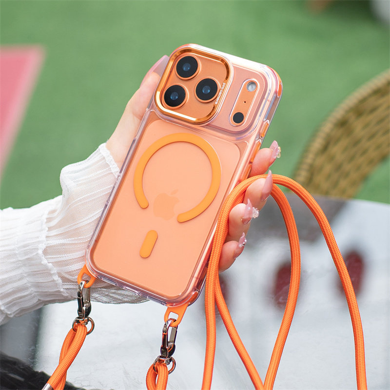 带斜挎磁吸适用苹果17promax手机壳橙色16plus挂绳iPhone15por新款透明13肩带14可背挂脖12背式11pm吊绳16e女