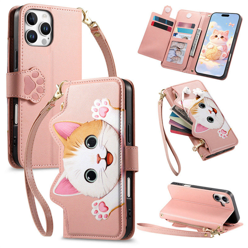 猫咪适用iPhone17promax手机壳Air新款苹果16e可背带15plus斜挎挂绳14pro全包防摔i13翻盖12零钱包11pm保护套