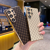 plus男士 格子皮纹适用三星s26ultra手机壳新款 3星s25 s24fe镜头全包23高级A56A55A54A36防指纹A17A16超薄外壳