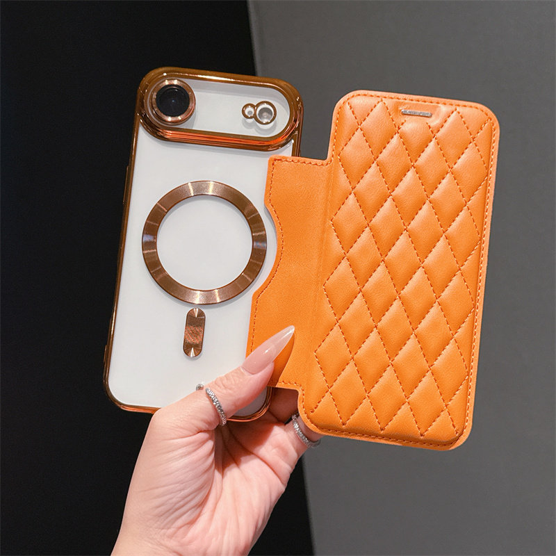 高级橙色带卡包适用苹果Air手机壳i17Promax翻盖皮套iPhone16pro磁吸13掀盖插卡15放卡14防摔12p全包摄像头套