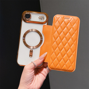 高级橙色带卡包适用苹果Air手机壳i17Promax翻盖皮套iPhone16pro磁吸13掀盖插卡15放卡14防摔12p全包摄像头套