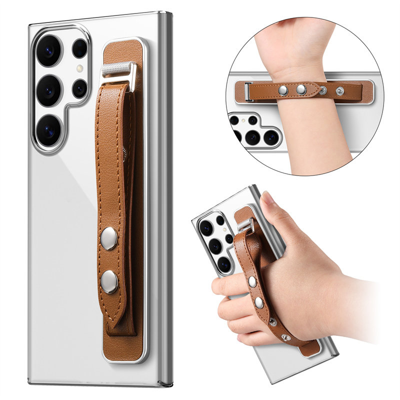 皮质手腕带适用三星s26ultra手机壳透明s25+plus腕带s24fe高级感s23uitra男士s22u防摔a57保护套a36女A17硬壳