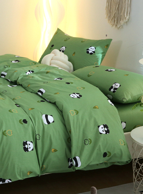 国潮熊猫 新款可爱秋冬纯棉被套单件100全棉加密被罩绿色卡通萌萌