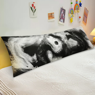 国风水墨画抽象双人一体长条枕头女生高颜值夫妻情侣睡觉床头靠垫