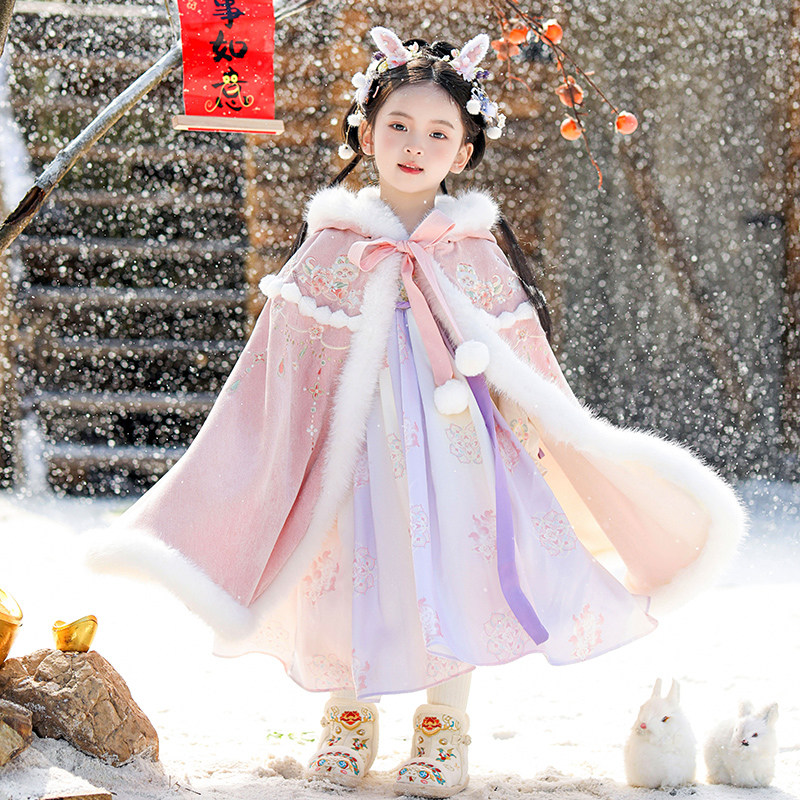 汉服女童冬款儿童古风仙气中长款大斗篷女宝加绒加厚保暖披风外套