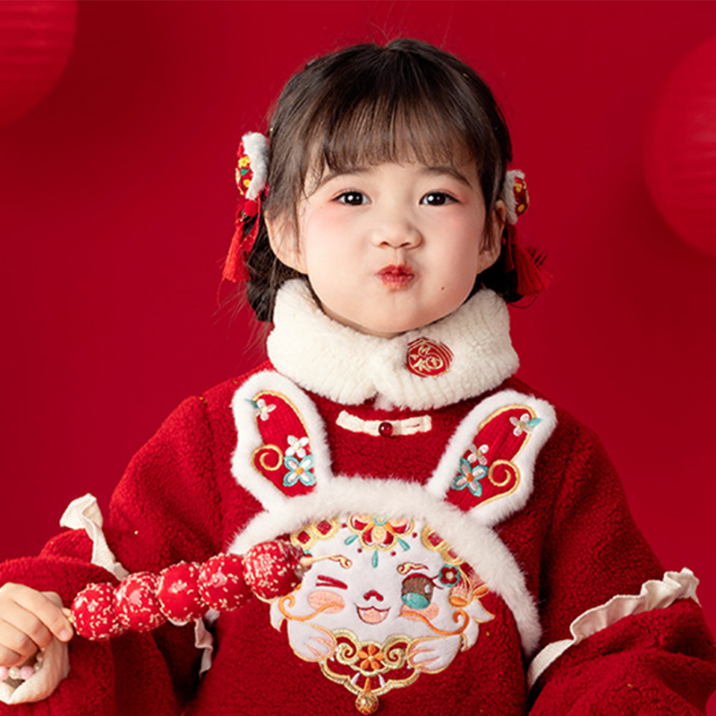 女童汉服冬款围脖加绒女宝宝兔毛保暖毛领儿童中国风古装刺绣围巾