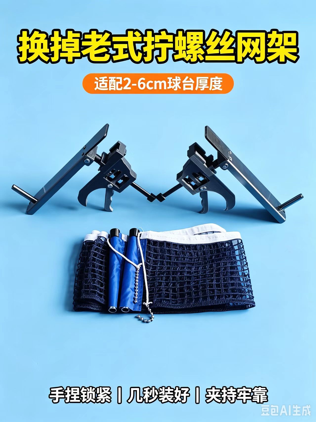 新款加厚不锈钢+硬胶材质快捏式乒乓球网架2-6厘米室内外球桌通用