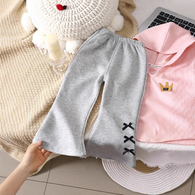 女童春秋季纯色蝴蝶结喇叭裤