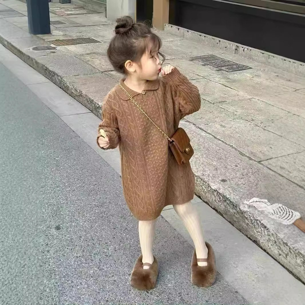 韩系童装秋冬季2025新款儿童中长款宽松毛衣裙女童麻花针织洋气潮