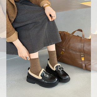 杰豪女鞋真皮休闲皮鞋女2025冬季新款加绒加厚羊羔毛英伦风乐福鞋