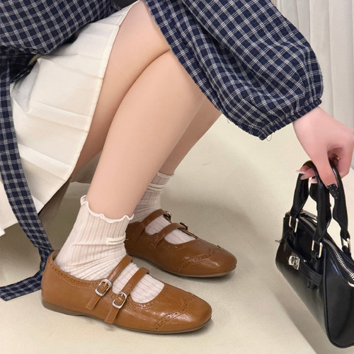 杰豪女鞋2026新款真皮法式复古风玛丽珍鞋女一字扣带平底单鞋正品