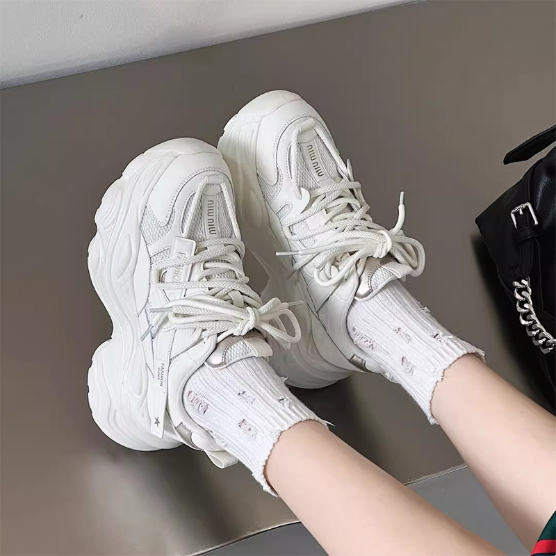 杰豪女鞋真皮网面老爹鞋2025新款运动休闲鞋厚底内增高显脚小正品