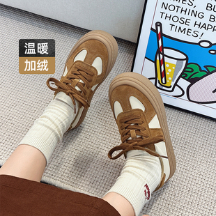 杰豪女鞋真皮休闲鞋女款2024新款秋冬加绒加厚舒适百搭德训鞋正品