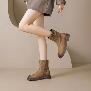 杰豪女鞋真皮马丁靴女2024新款复古美拉德加绒棕色短靴子专柜正品