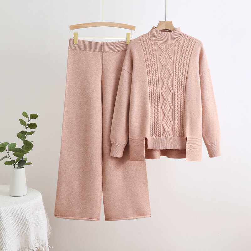 韩版2024秋冬开叉不规则设计感纯色针织麻花纹高领毛衣阔腿裤套装