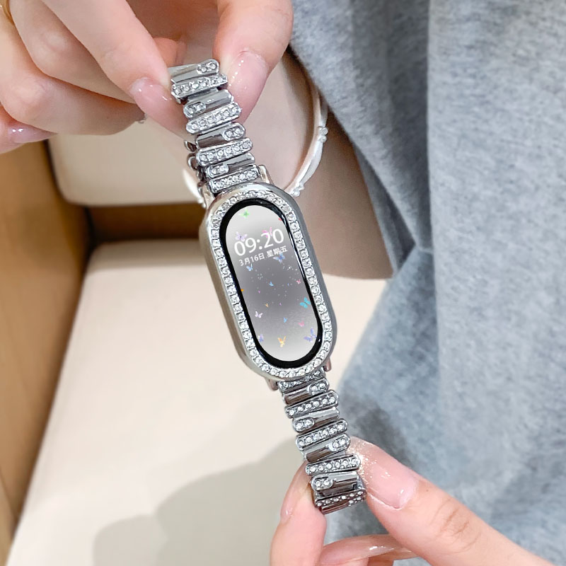 hekk适用小米9手环表带金属不规则镶钻小米手环10表带女高级腕带