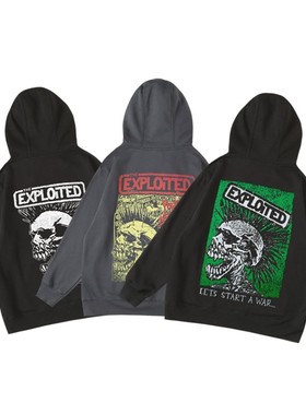 欧美朋克摇滚the exploited骷髅头秋冬连帽加绒卫衣帽衫男女中性
