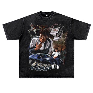 美式复古水洗做旧说唱嘻哈rapper厂牌卢基lucki潮流短半袖T恤夏季
