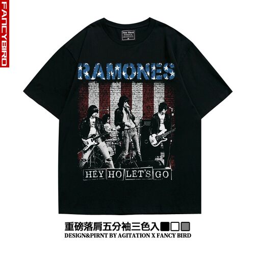 ramones美式摇滚雷蒙斯潮流落肩五分袖oversize宽松重磅T恤男女夏